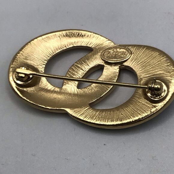 Trifari Vintage Gold Tone Black Enamel Oval Brooch Pin Art Deco Mid Century - Picture 6 of 9